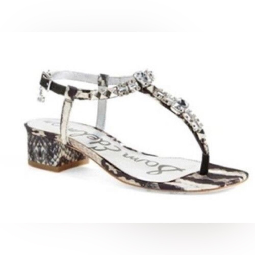 Block heeled, snake print, bedazzled sandal. Gently used